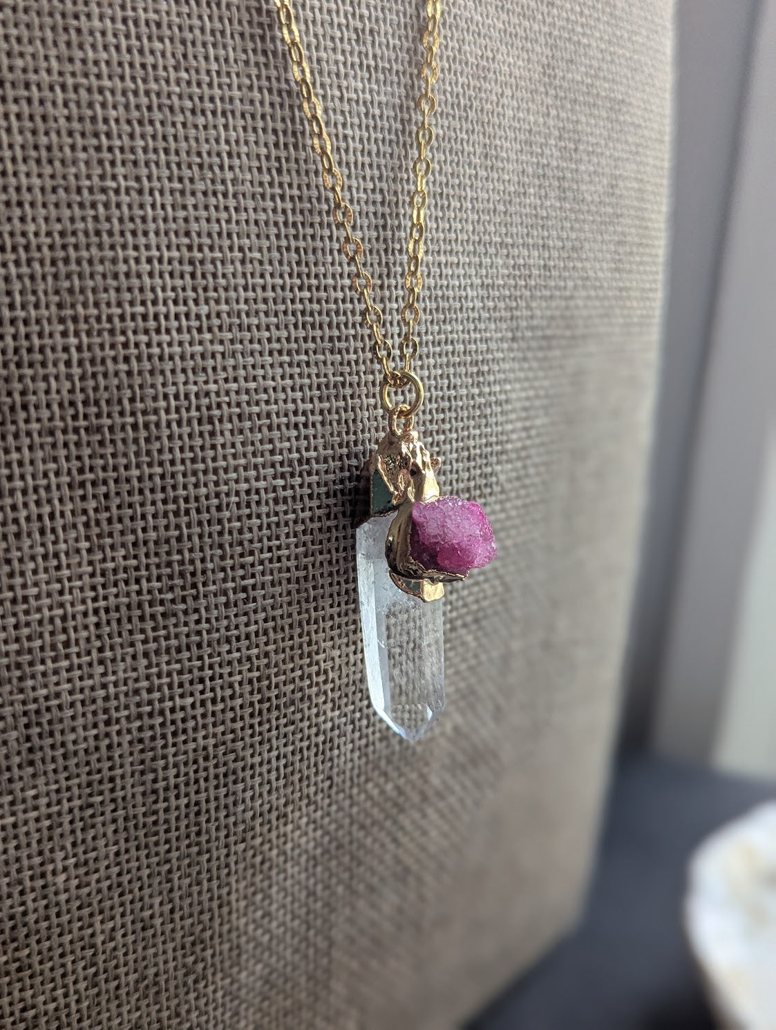Clear Quartz Point and Pink Druzy Gold Necklace