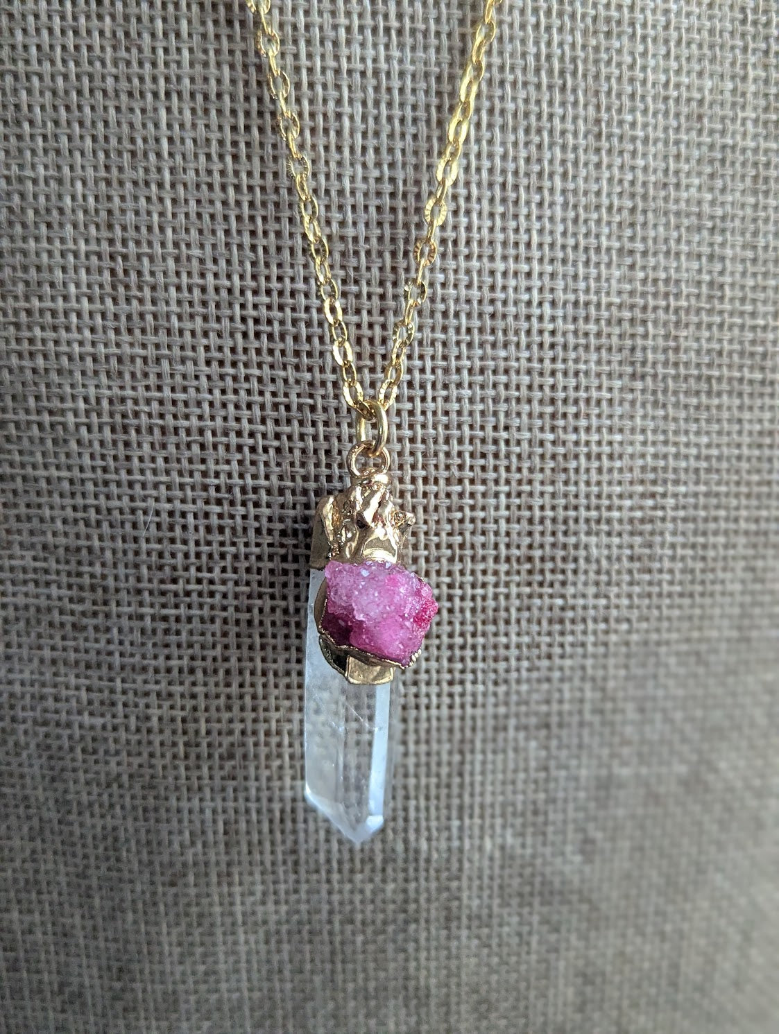 Clear Quartz Point and Pink Druzy Gold Necklace