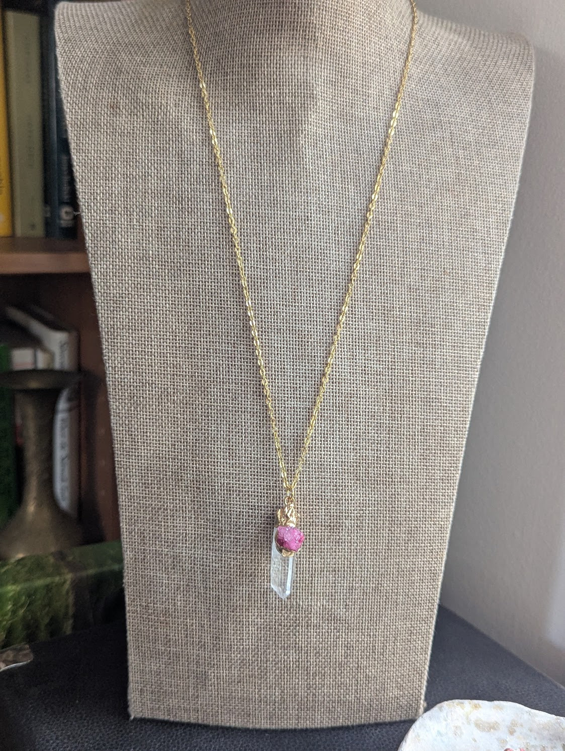 Clear Quartz Point and Pink Druzy Gold Necklace