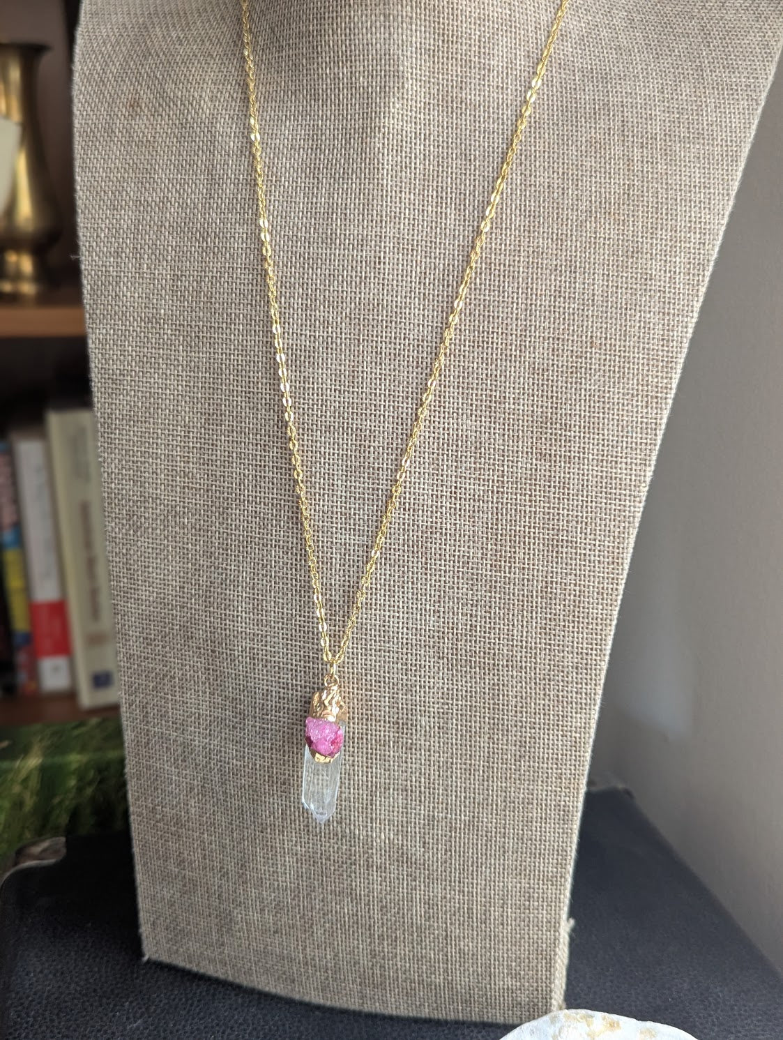 Clear Quartz Point and Pink Druzy Gold Necklace
