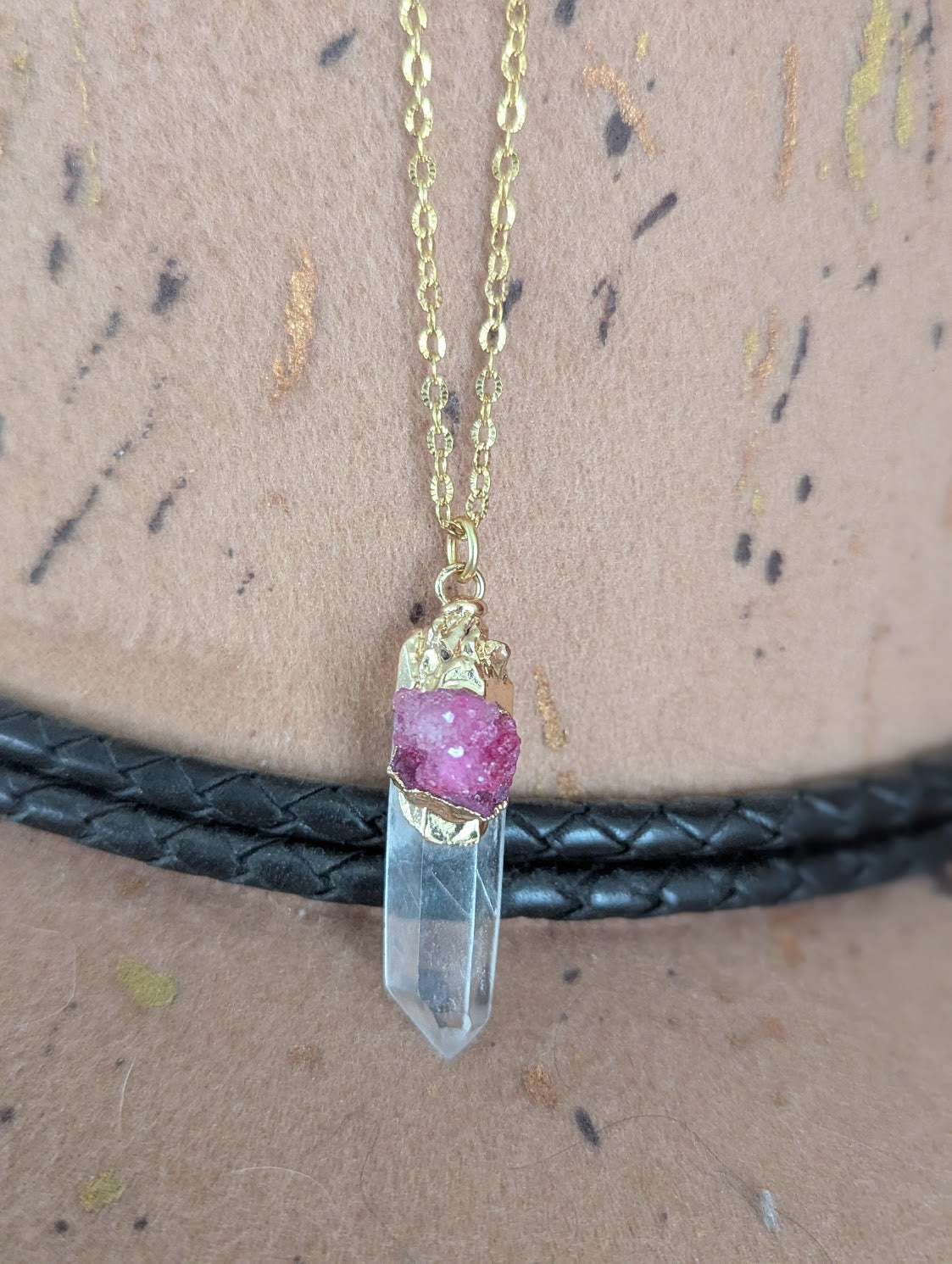 Clear Quartz Point and Pink Druzy Gold Necklace