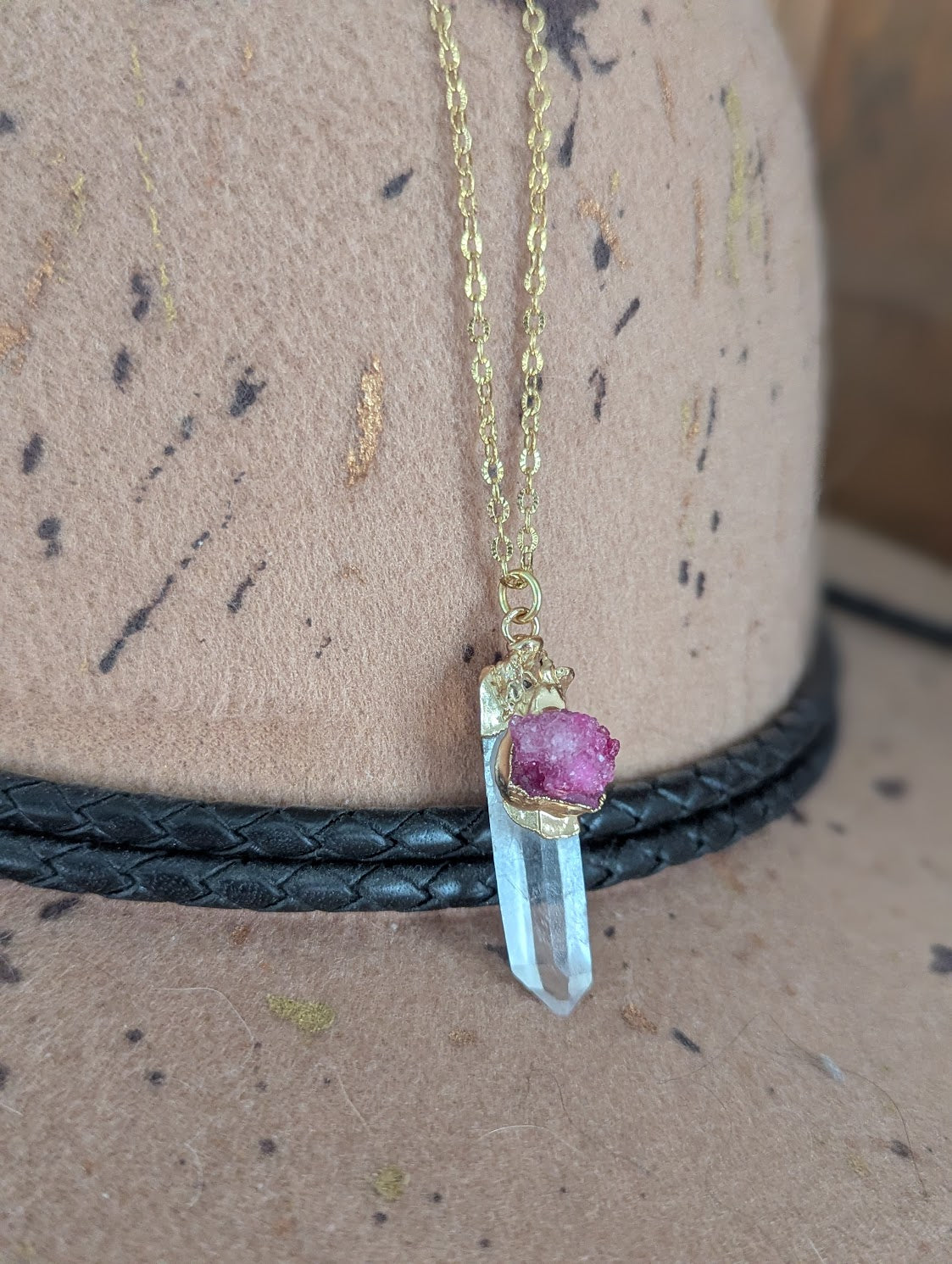 Clear Quartz Point and Pink Druzy Gold Necklace