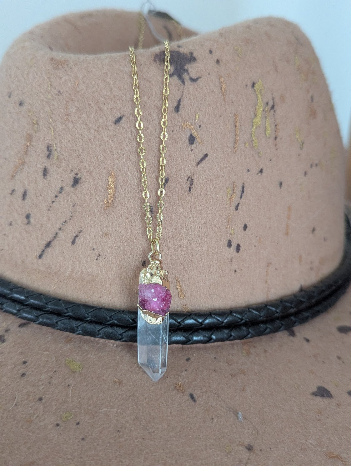Clear Quartz Point and Pink Druzy Gold Necklace