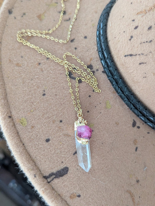 Clear Quartz Point and Pink Druzy Gold Necklace