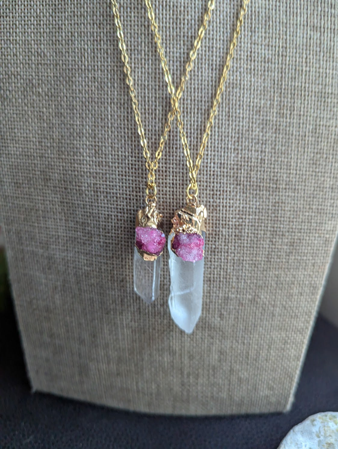 Clear Quartz Point and Pink Druzy Gold Necklace