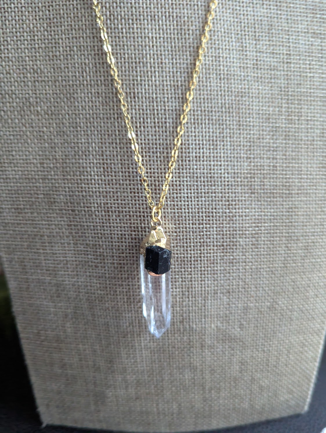 Clear Quartz Point and Black Tourmaline Gold Necklace