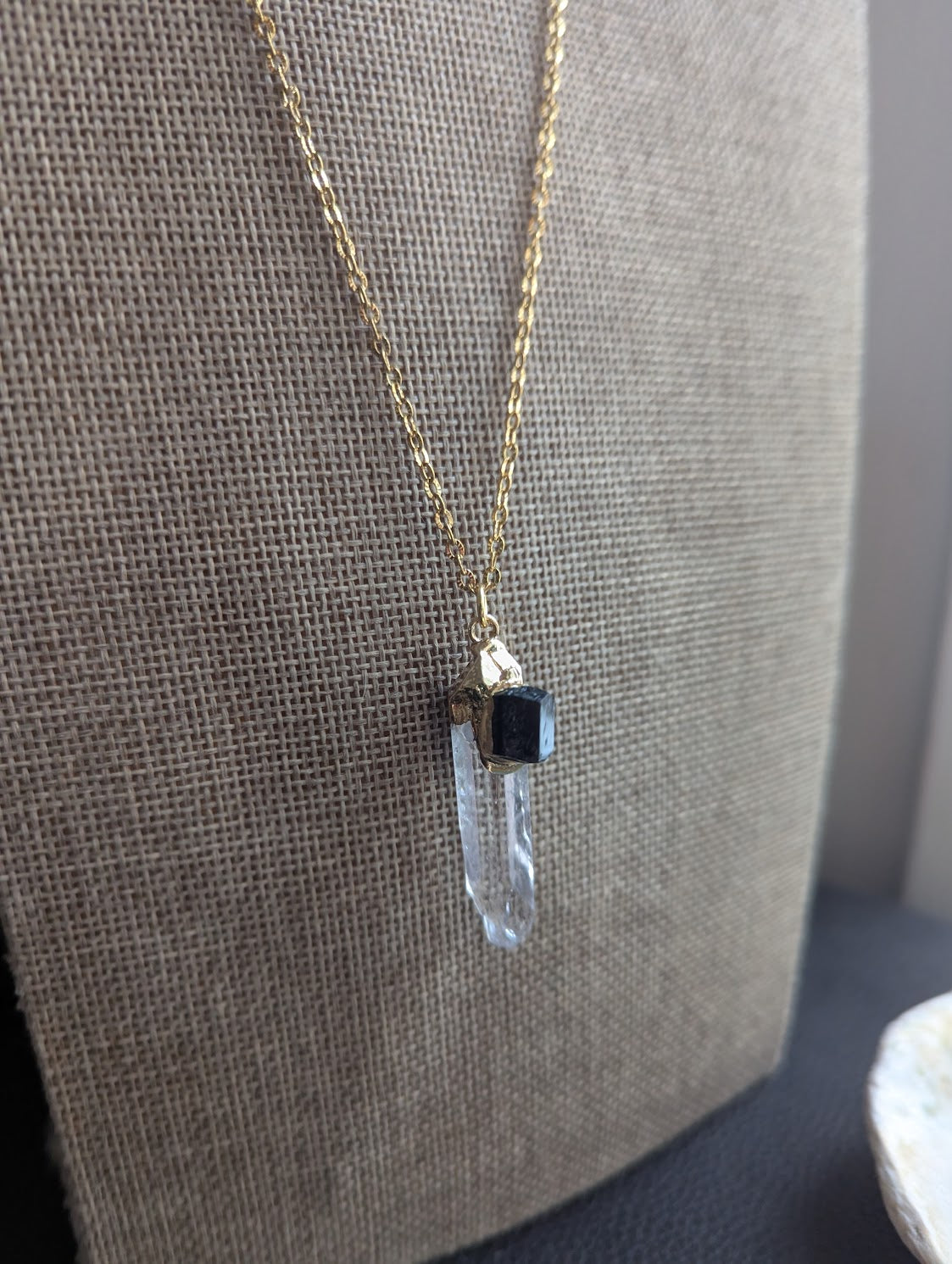 Clear Quartz Point and Black Tourmaline Gold Necklace