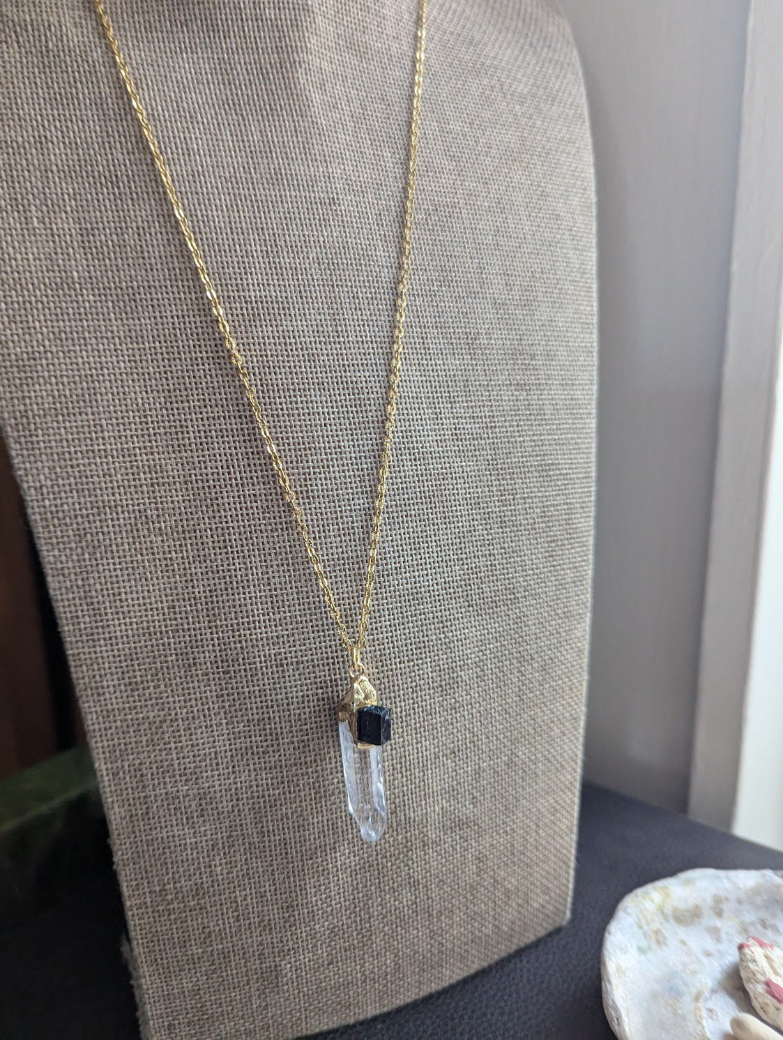 Clear Quartz Point and Black Tourmaline Gold Necklace