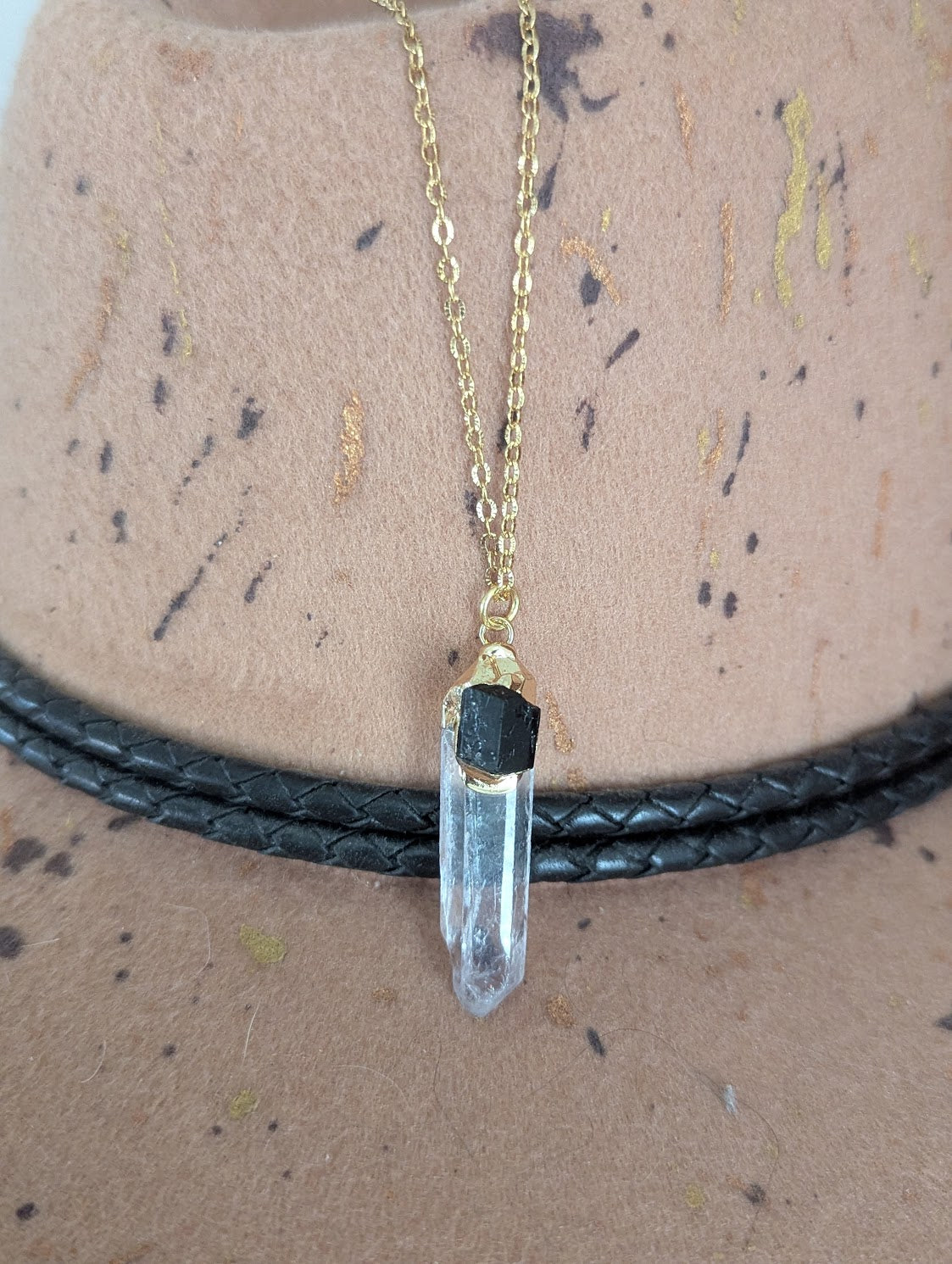 Clear Quartz Point and Black Tourmaline Gold Necklace