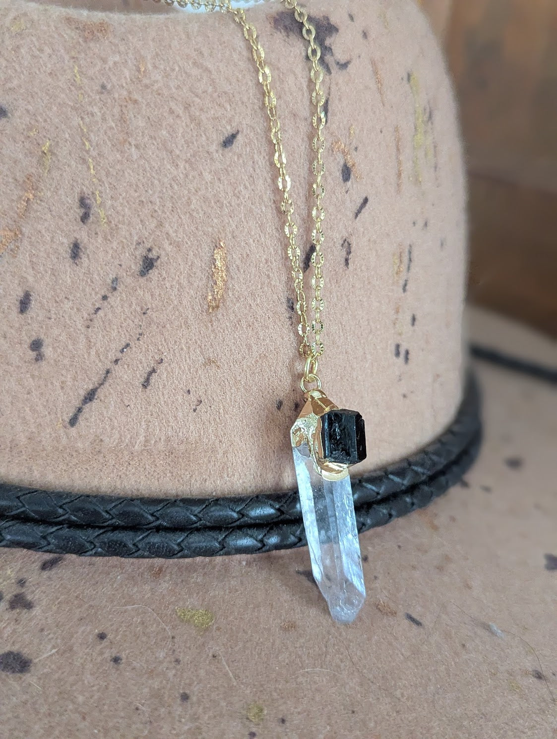 Clear Quartz Point and Black Tourmaline Gold Necklace