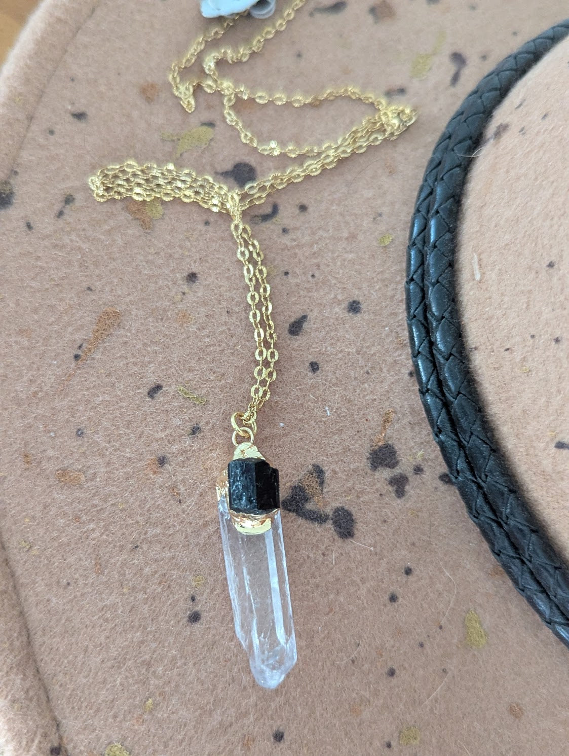 Clear Quartz Point and Black Tourmaline Gold Necklace
