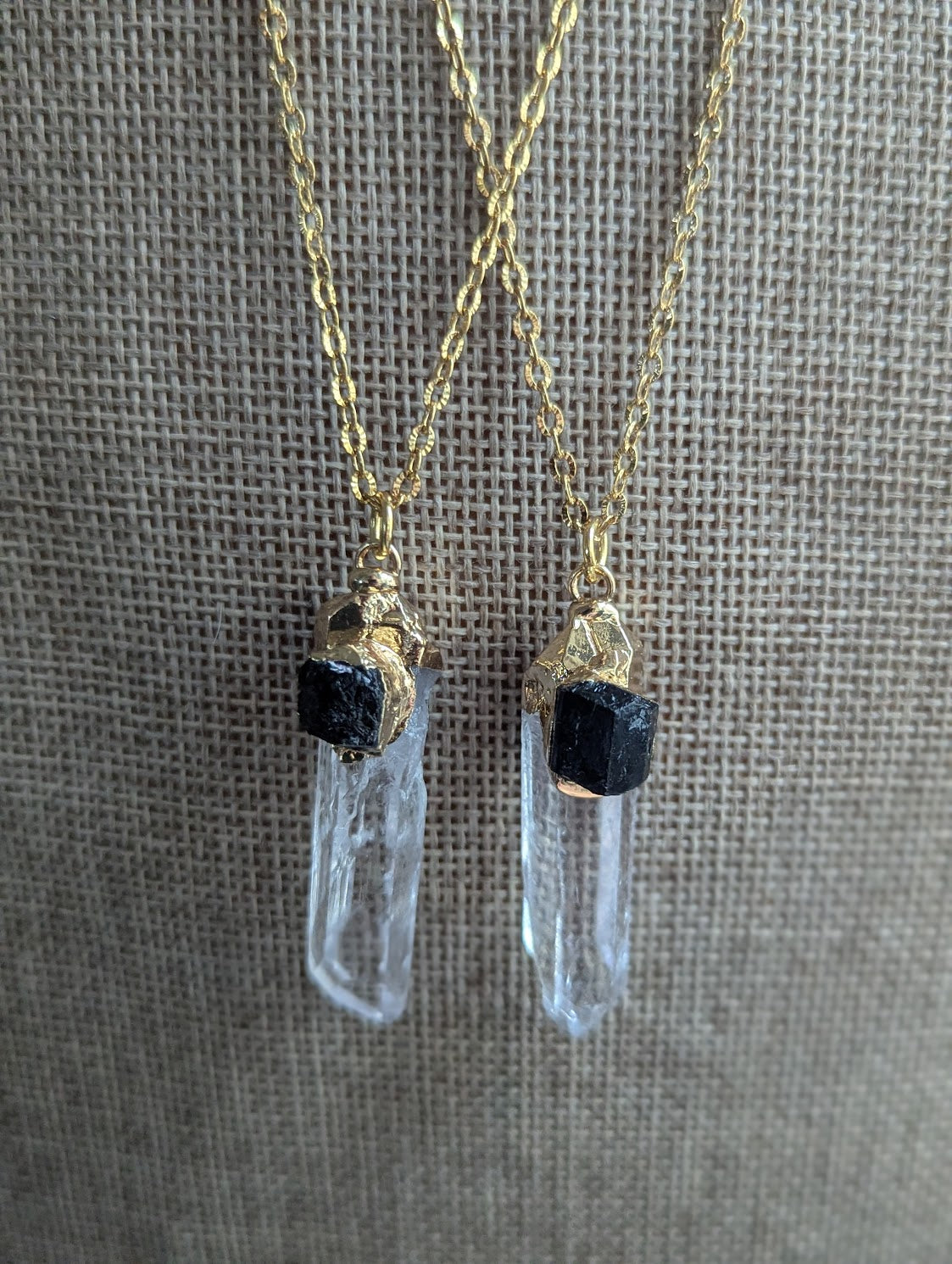 Clear Quartz Point and Black Tourmaline Gold Necklace