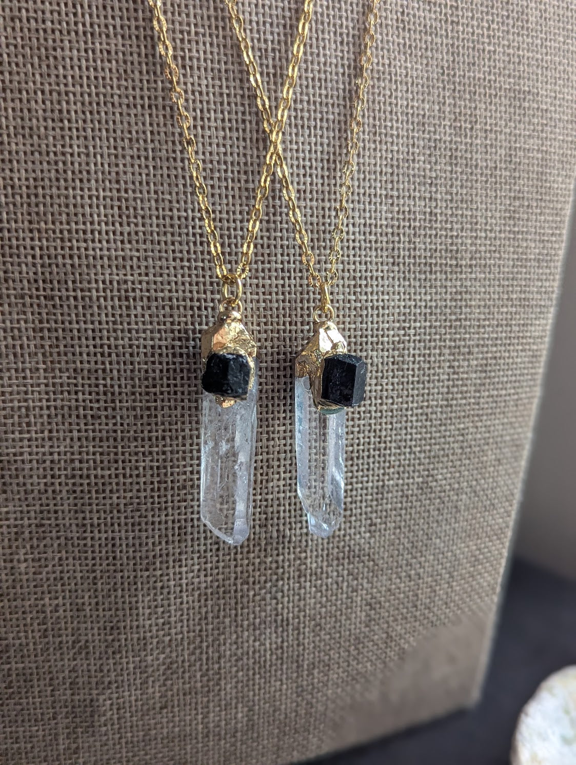 Clear Quartz Point and Black Tourmaline Gold Necklace