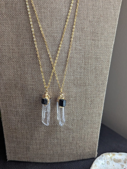 Clear Quartz Point and Black Tourmaline Gold Necklace