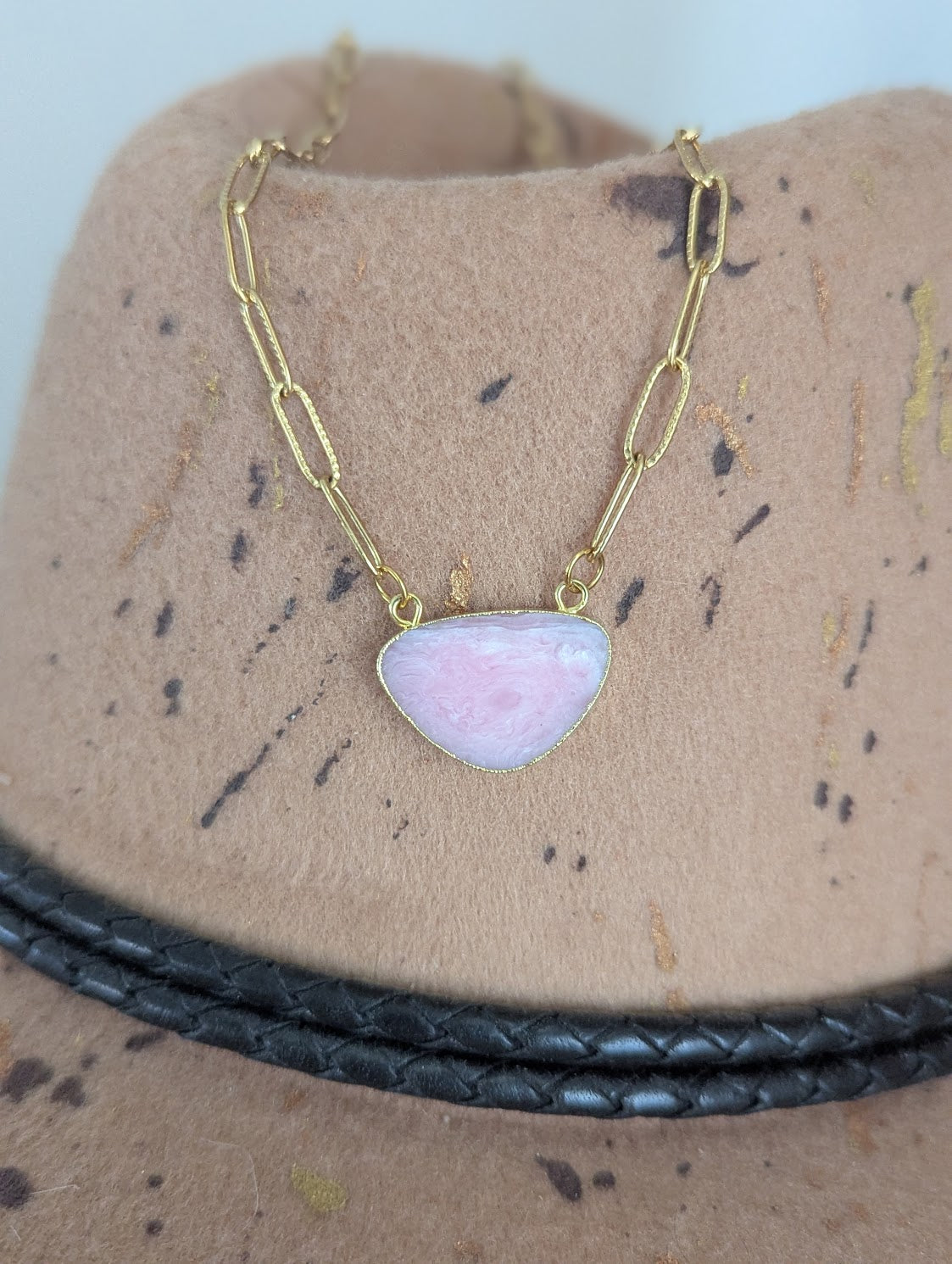 Pink Opal Gold Paperclip Necklace