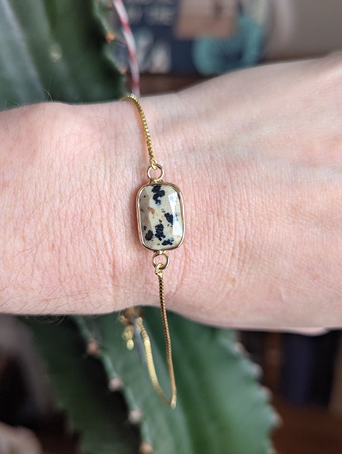 Dalmatian Jasper Rectangle Gold Slider Bracelet