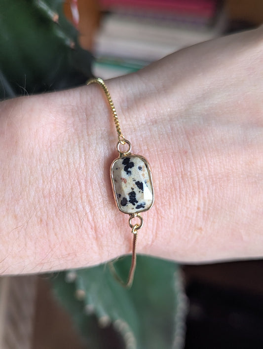 Dalmatian Jasper Rectangle Gold Slider Bracelet