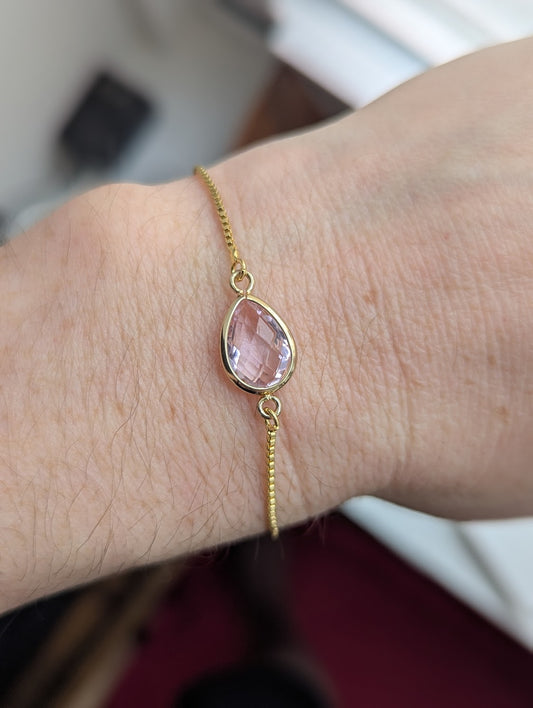 Pink Faceted Tear Drop Quartz Gold Slider Bracelet