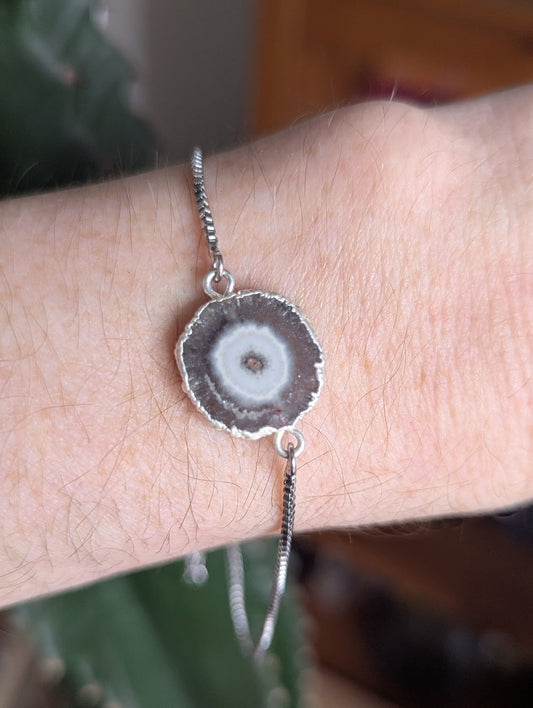 White and Gray Agate Silver Slider Bracelet