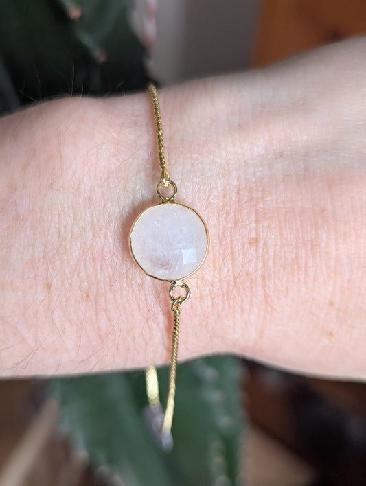 Faceted Round Moonstone Gold Slider Bracelet