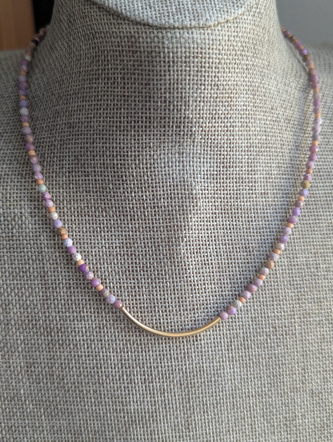 Phosphosiderite Beaded Curved Bar Necklace (Silver and Gold)
