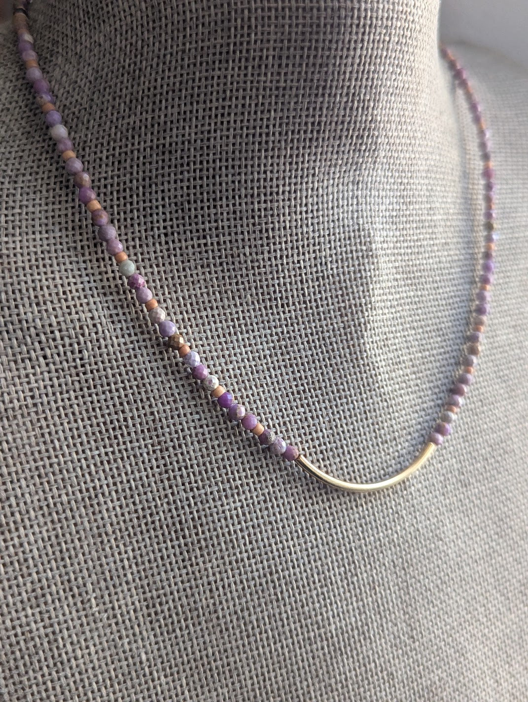 Phosphosiderite Beaded Curved Bar Necklace (Silver and Gold)