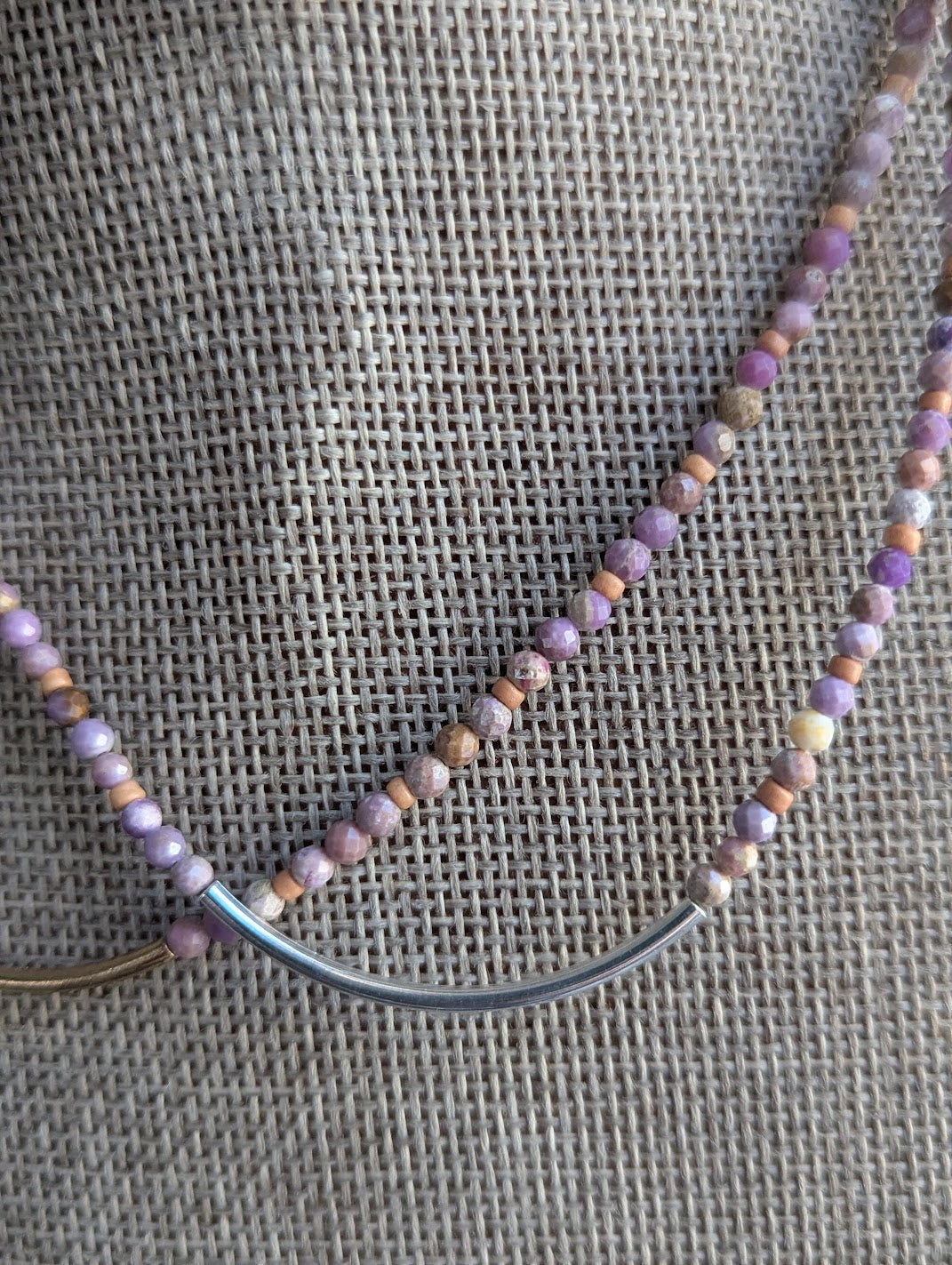 Phosphosiderite Beaded Curved Bar Necklace (Silver and Gold)
