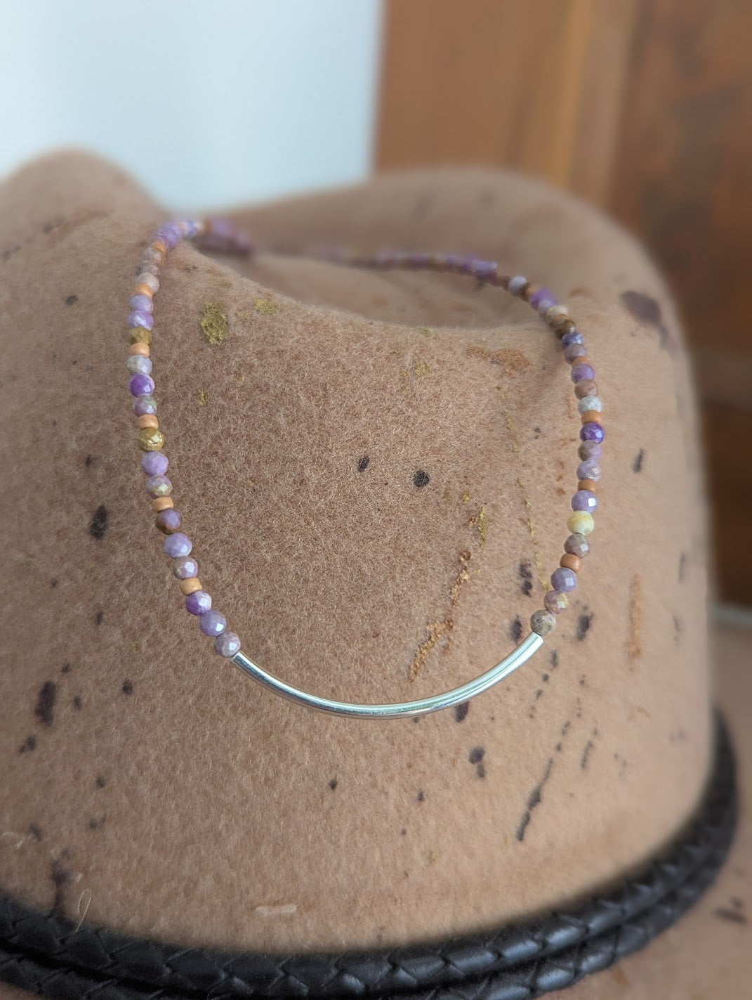 Phosphosiderite Beaded Curved Bar Necklace (Silver and Gold)