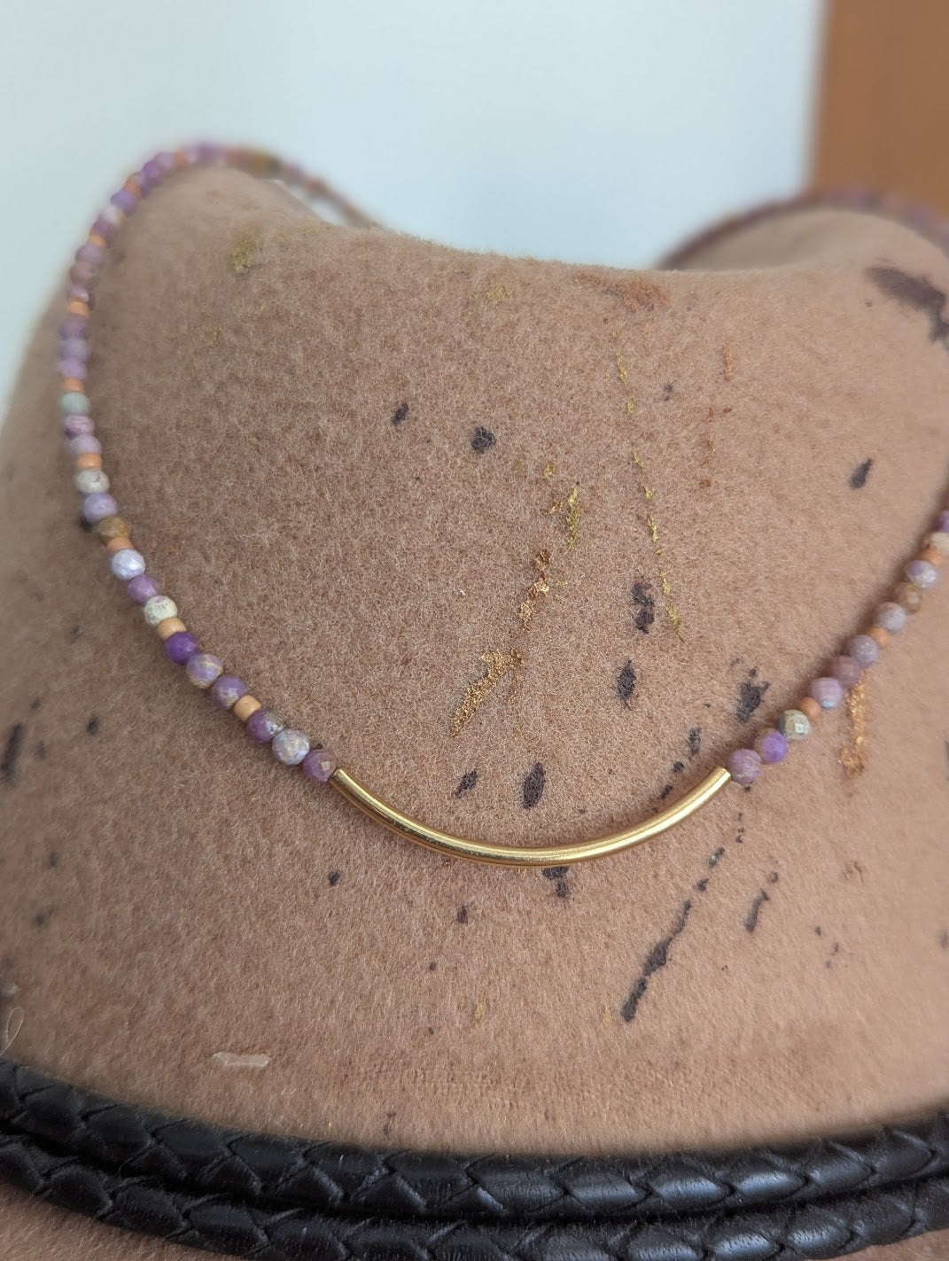 Phosphosiderite Beaded Curved Bar Necklace (Silver and Gold)