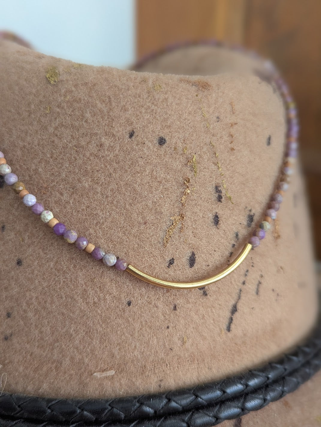 Phosphosiderite Beaded Curved Bar Necklace (Silver and Gold)