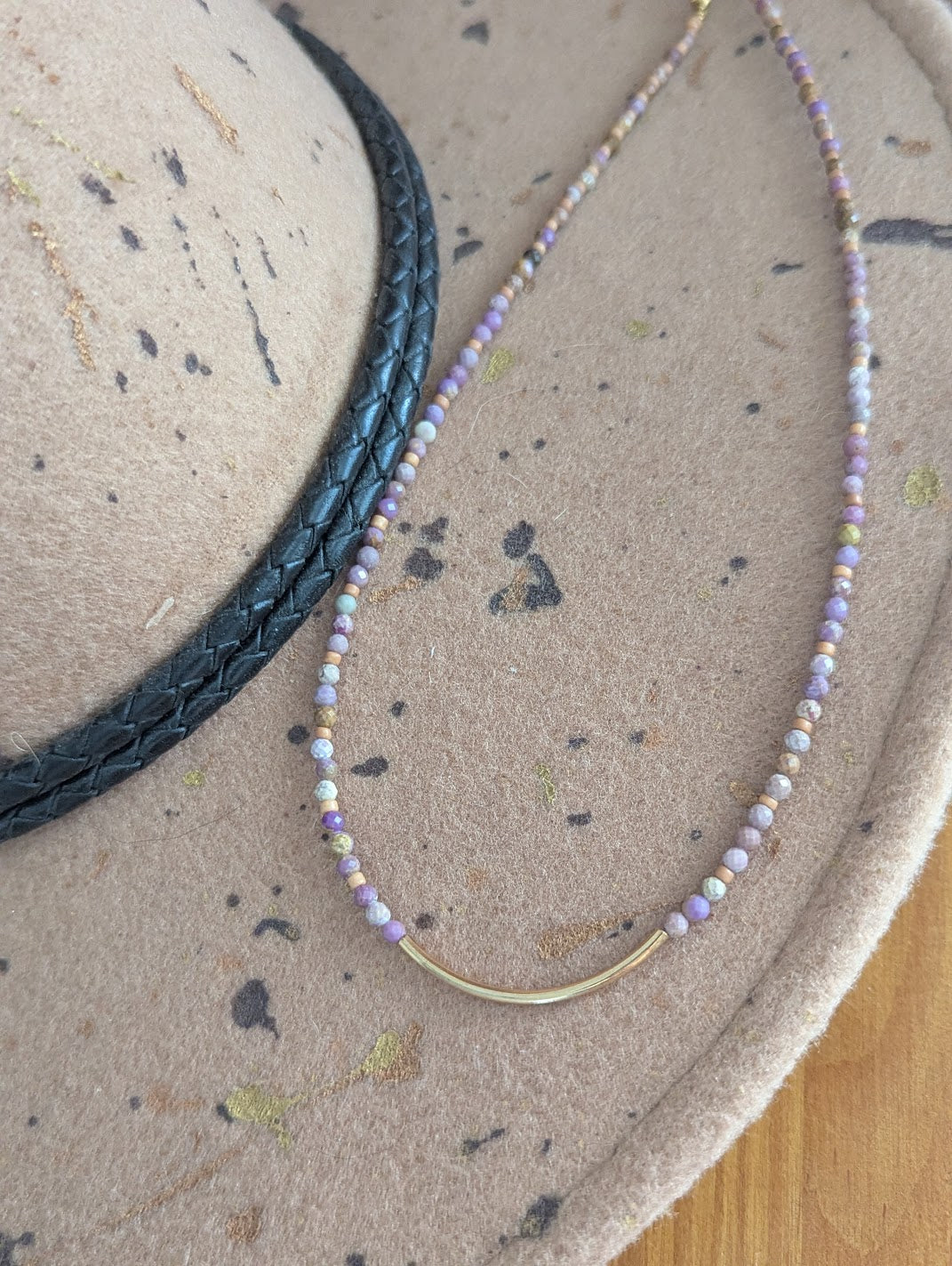 Phosphosiderite Beaded Curved Bar Necklace (Silver and Gold)