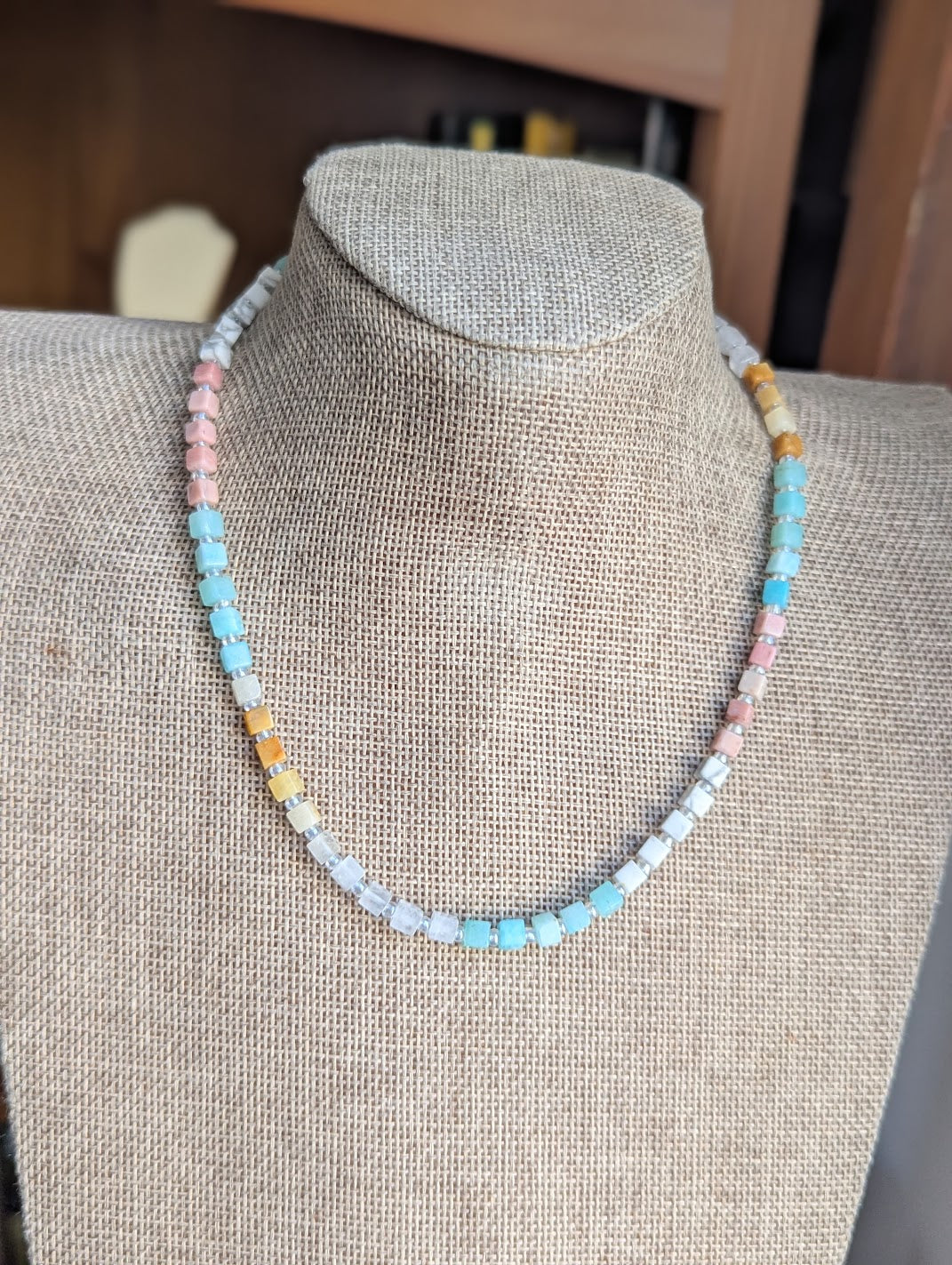 Golden Healer, Howlite, Amazonite, Rhodonite, Clear Quartz Square Beaded Necklace