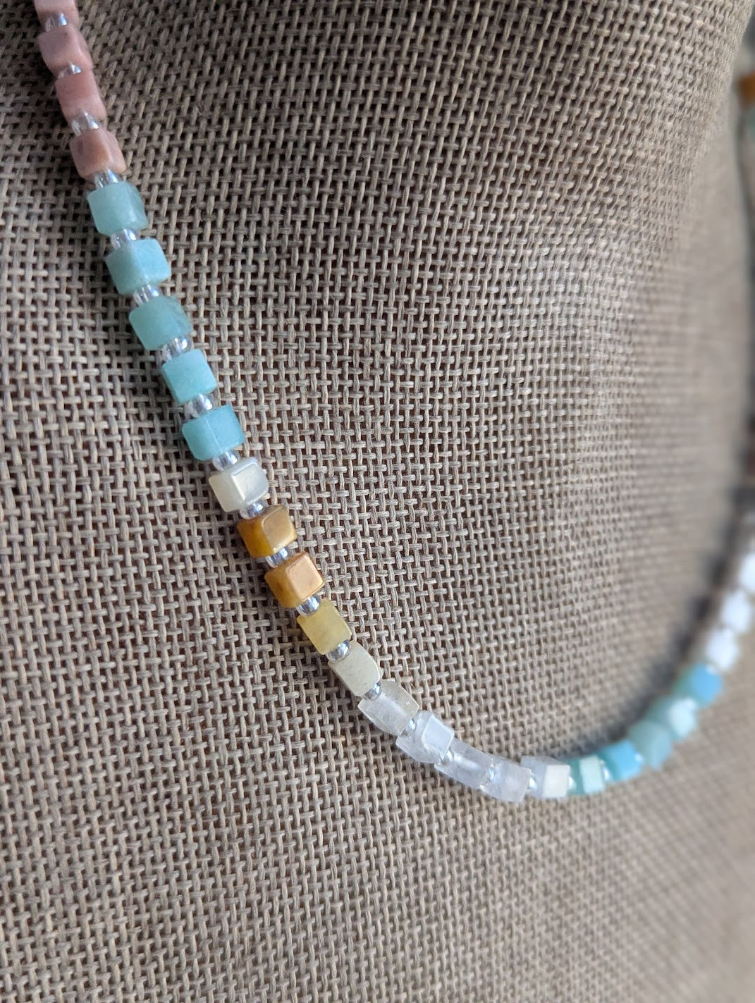 Golden Healer, Howlite, Amazonite, Rhodonite, Clear Quartz Square Beaded Necklace