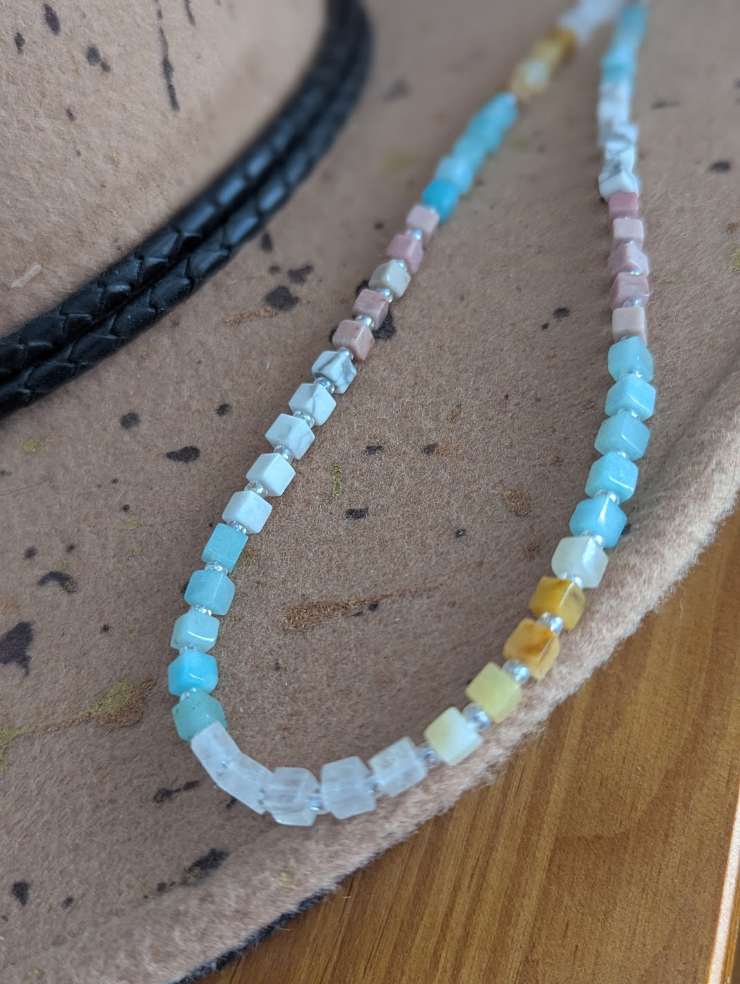 Golden Healer, Howlite, Amazonite, Rhodonite, Clear Quartz Square Beaded Necklace
