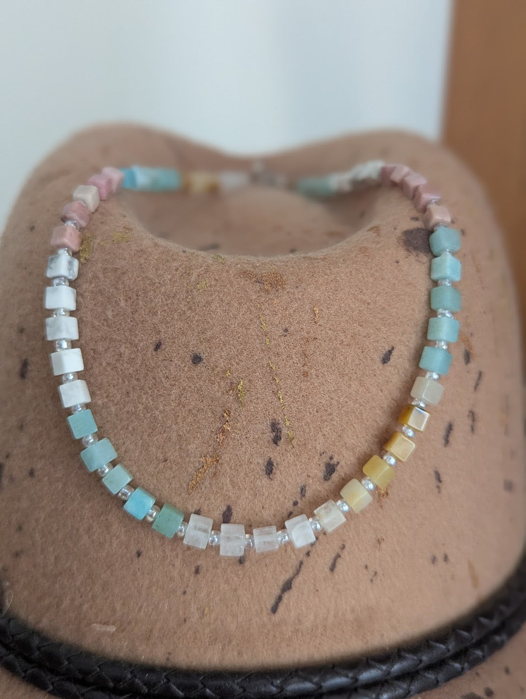Golden Healer, Howlite, Amazonite, Rhodonite, Clear Quartz Square Beaded Necklace