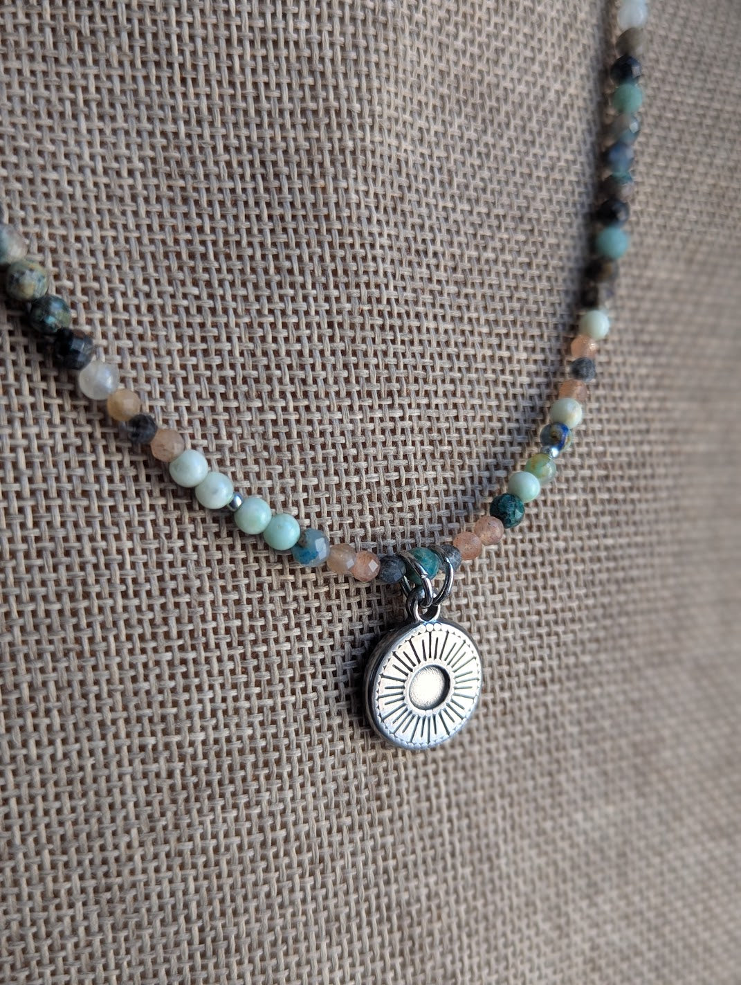 Chrysoprase, Amazonite and Peach Moonstone Beaded Silver Sun Necklace
