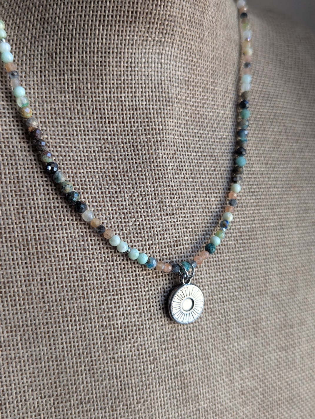 Chrysoprase, Amazonite and Peach Moonstone Beaded Silver Sun Necklace