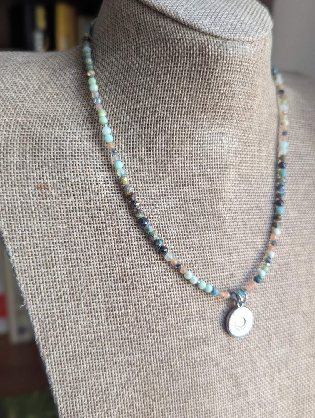 Chrysoprase, Amazonite and Peach Moonstone Beaded Silver Sun Necklace