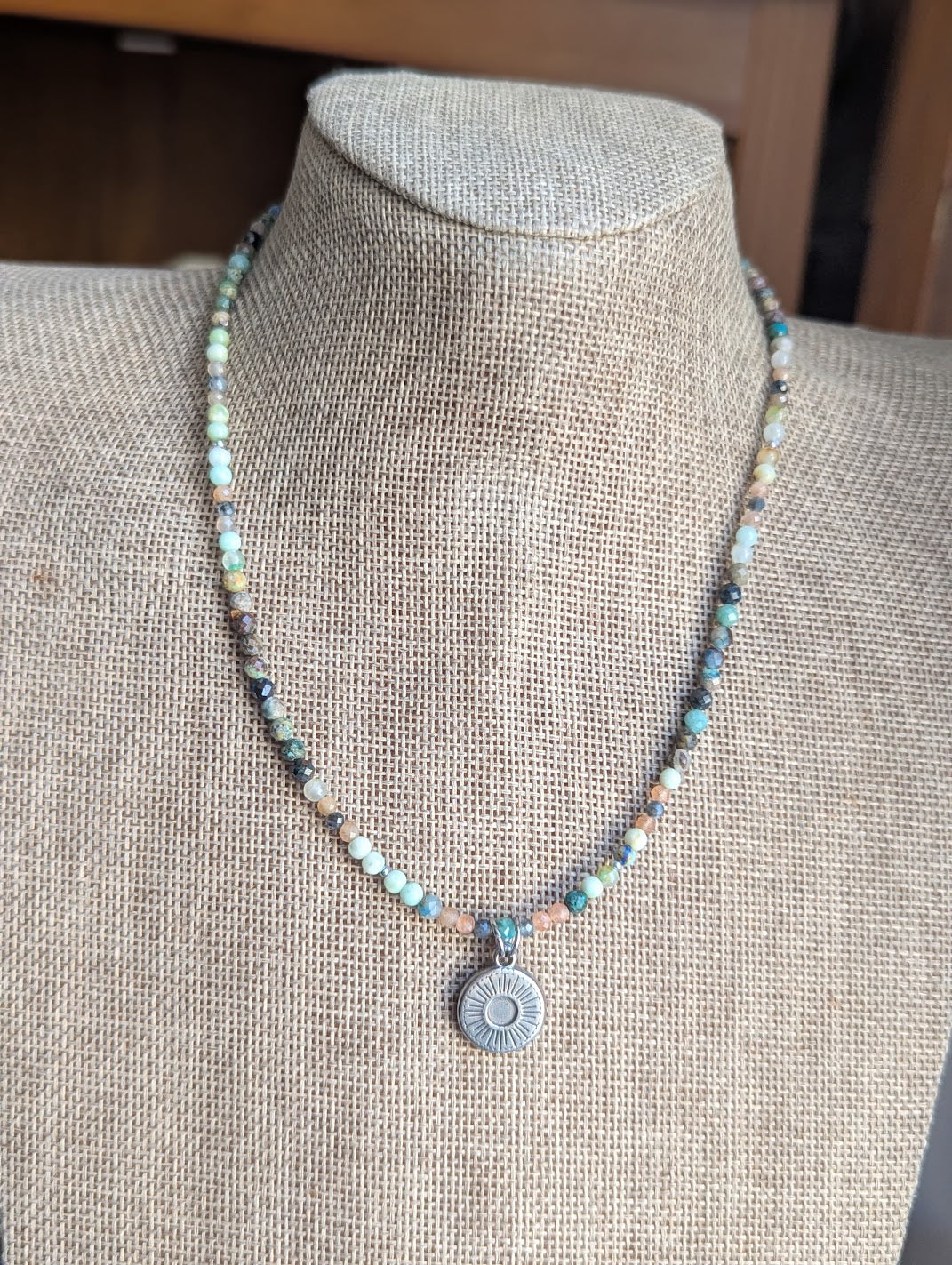 Chrysoprase, Amazonite and Peach Moonstone Beaded Silver Sun Necklace