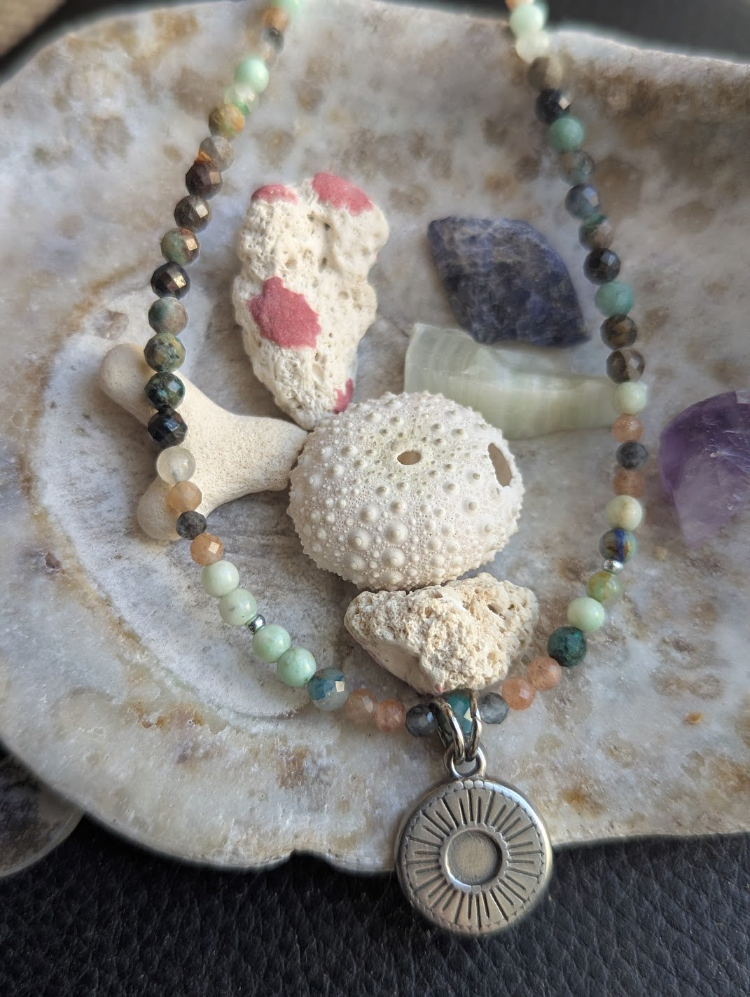 Chrysoprase, Amazonite and Peach Moonstone Beaded Silver Sun Necklace
