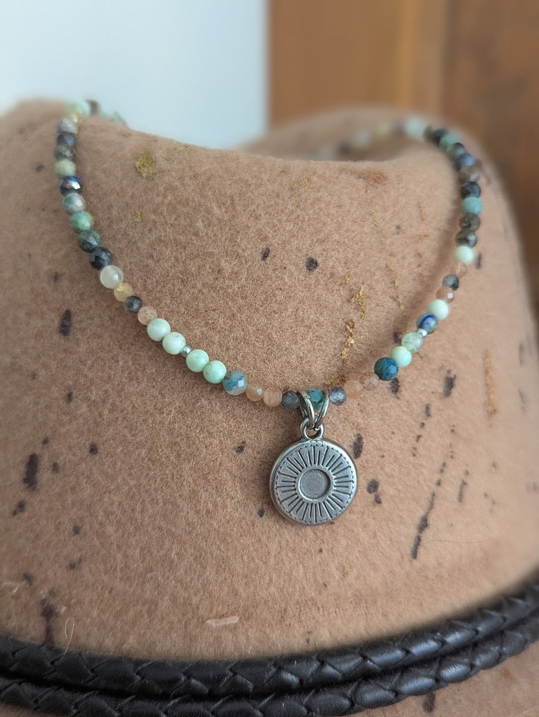 Chrysoprase, Amazonite and Peach Moonstone Beaded Silver Sun Necklace