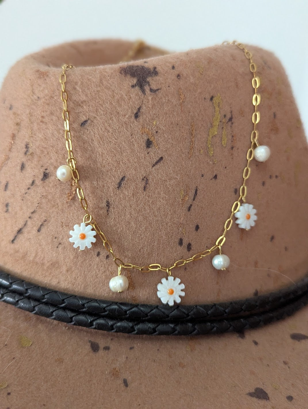 Freshwater Pearl and Mother of Pearl Flower Charm Necklace