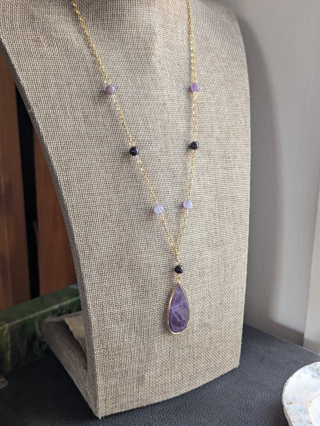Amethyst and Garnet Beaded Gold Necklace