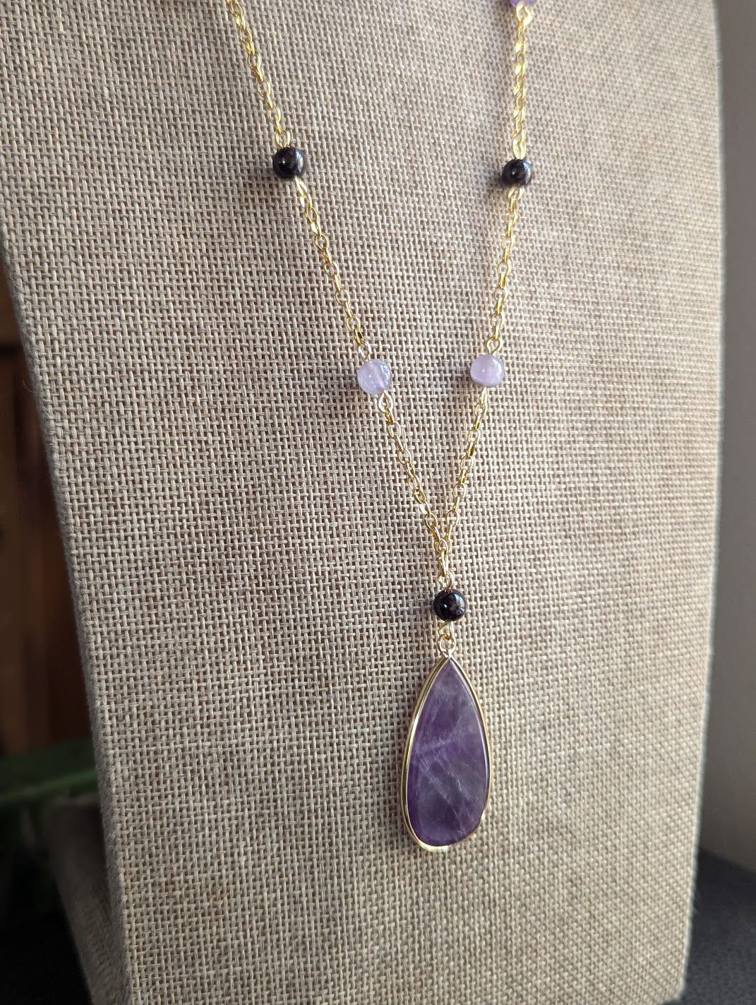 Amethyst and Garnet Beaded Gold Necklace