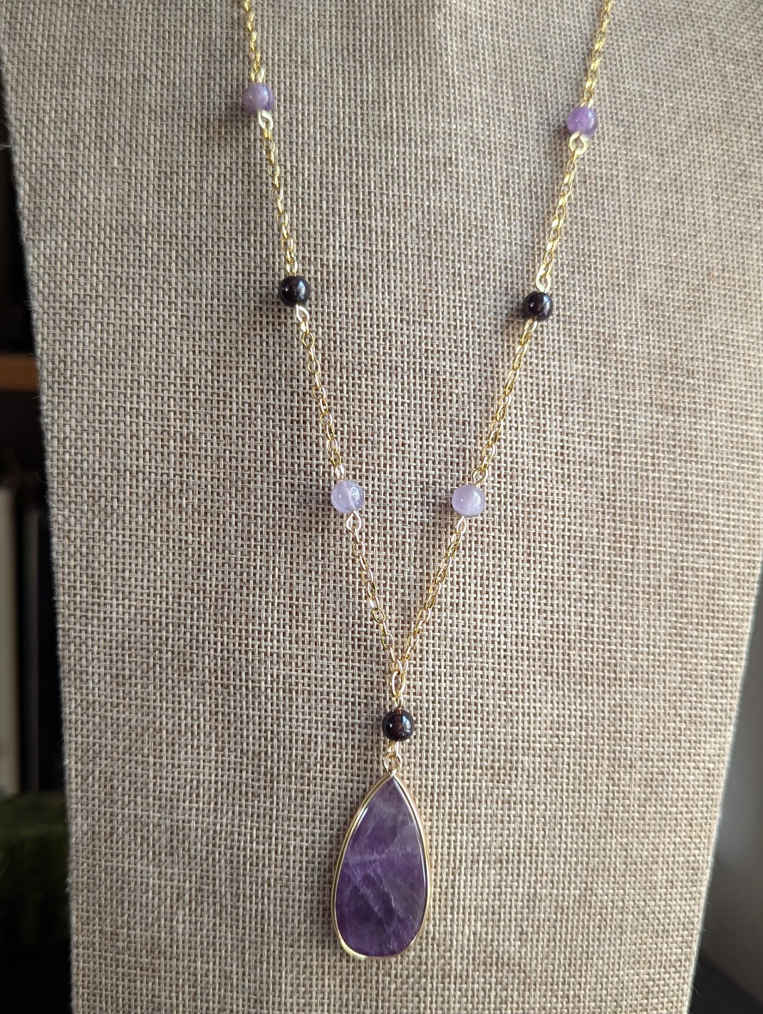 Amethyst and Garnet Beaded Gold Necklace