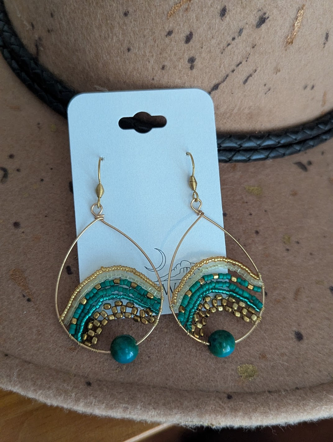 Gold, Brass and Green Beaded Tear Drop Gold Earrings