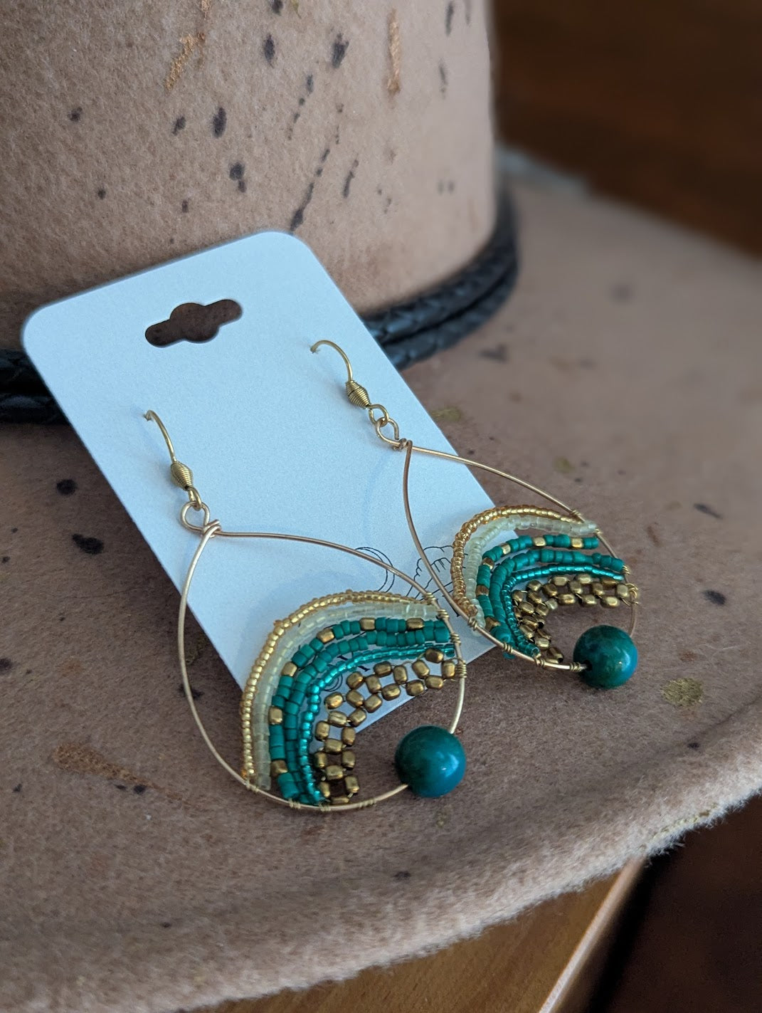 Gold, Brass and Green Beaded Tear Drop Gold Earrings