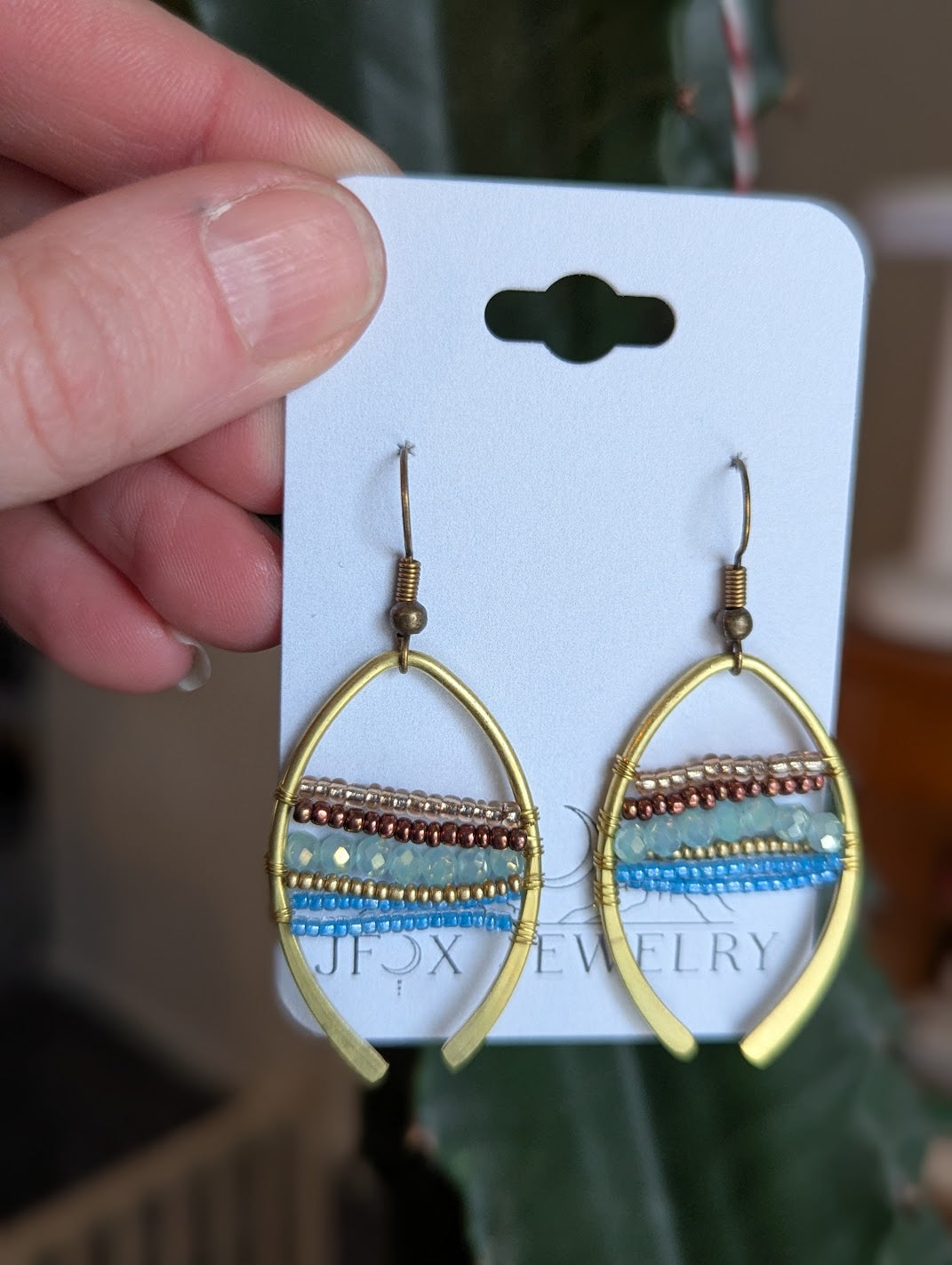 Beaded Brass Hammered Arch Earrings