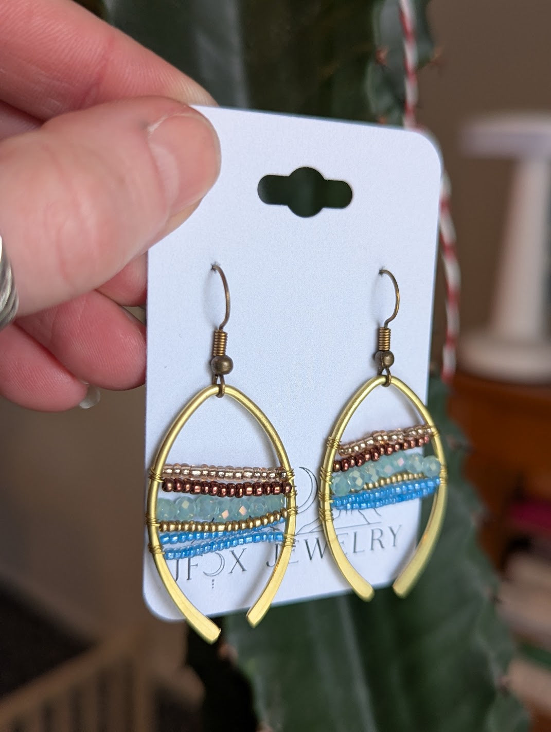 Beaded Brass Hammered Arch Earrings