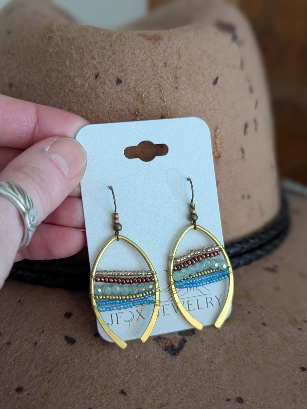 Beaded Brass Hammered Arch Earrings